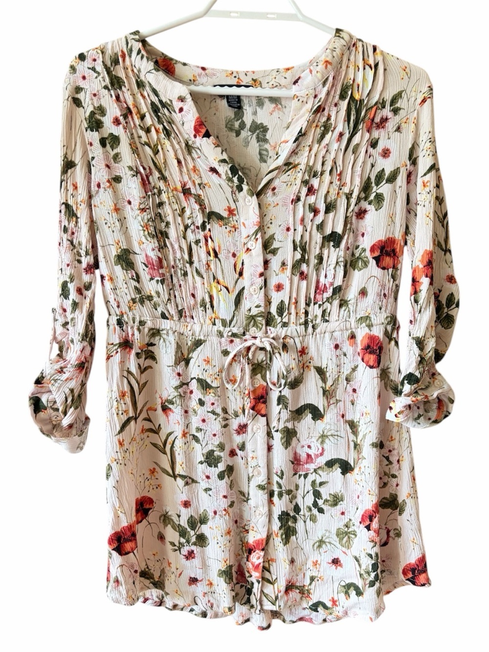 Hilary Radley Floral Boho Peasant Blouse Cottagecore Button Tie Waist Tunic Top